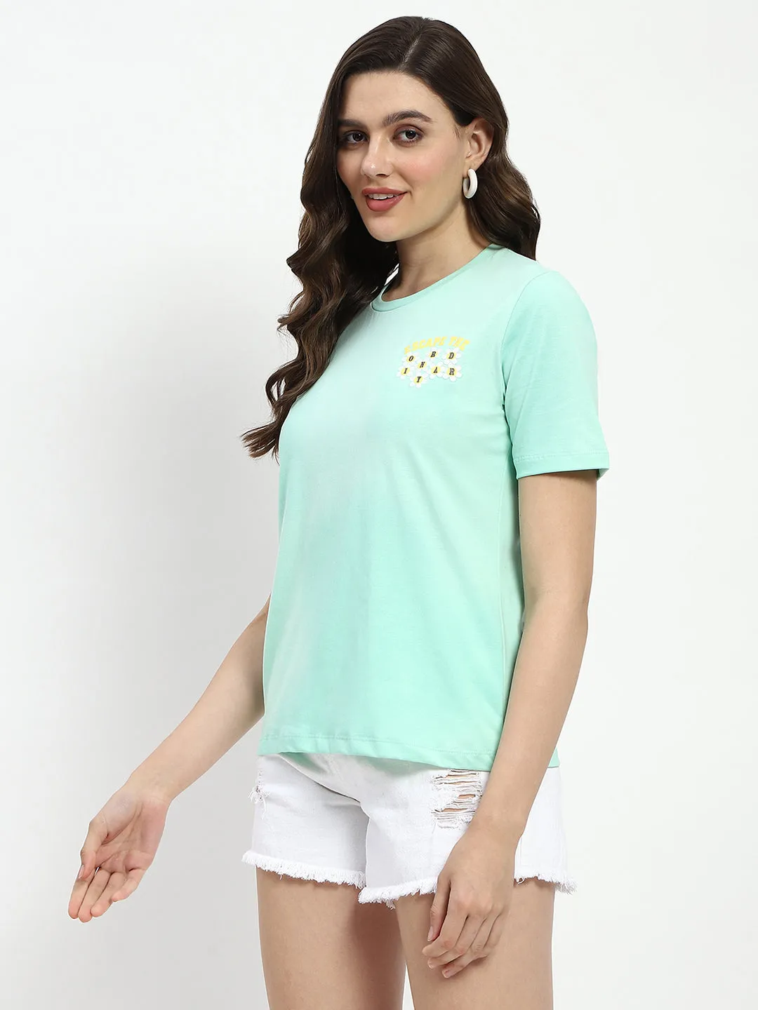 Basic Wear Sustainable Dye Process Madame 3D Print Monochromatic Cotton Mint T-Shirt