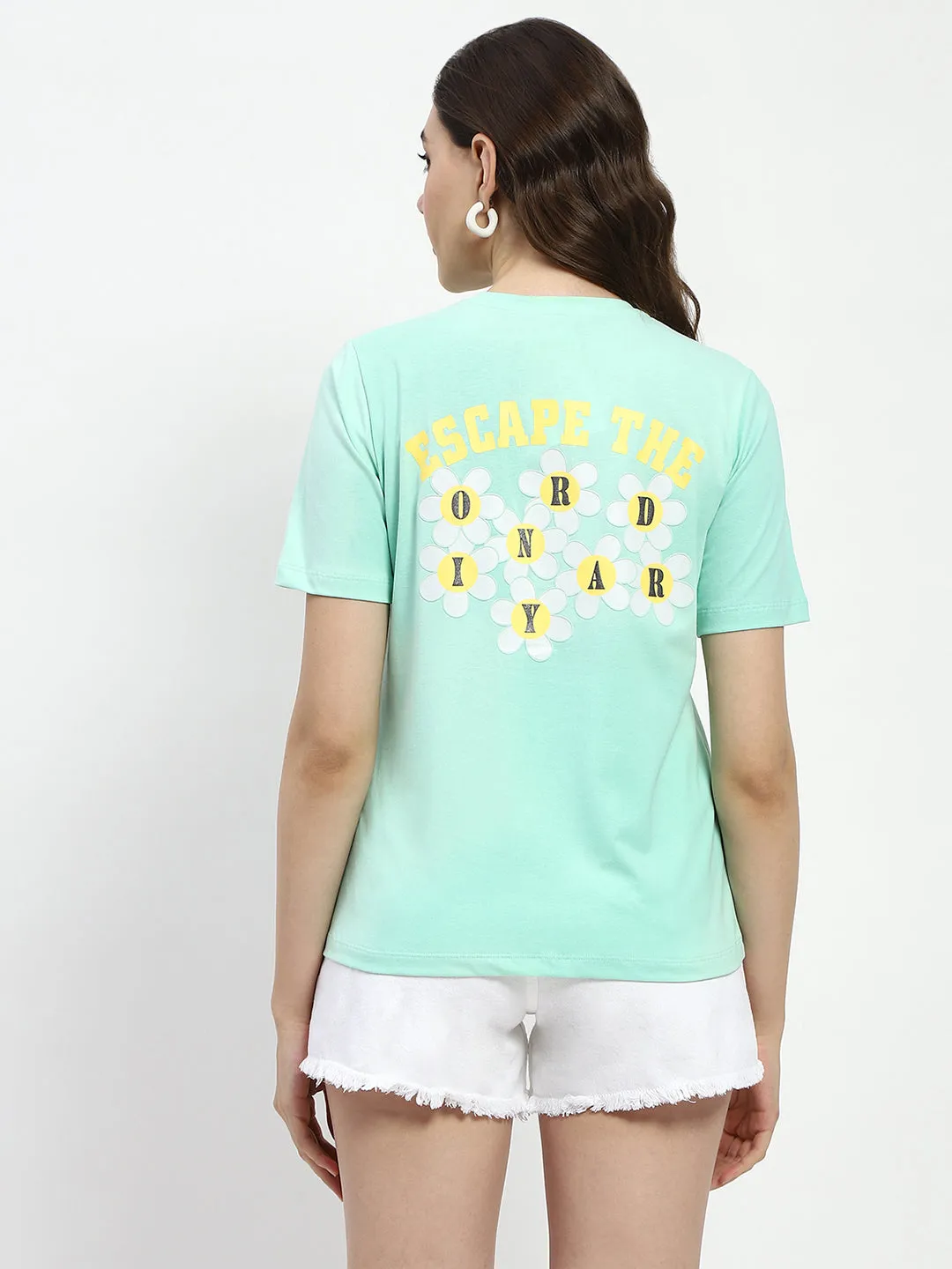 Madame 3D Print Monochromatic Cotton Mint T-Shirt Wrinkle Resistant Cloth