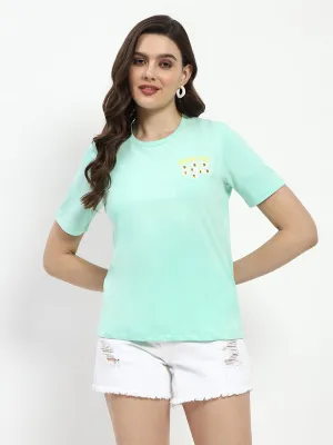 Office Wear Madame 3D Print Monochromatic Cotton Mint T-Shirt