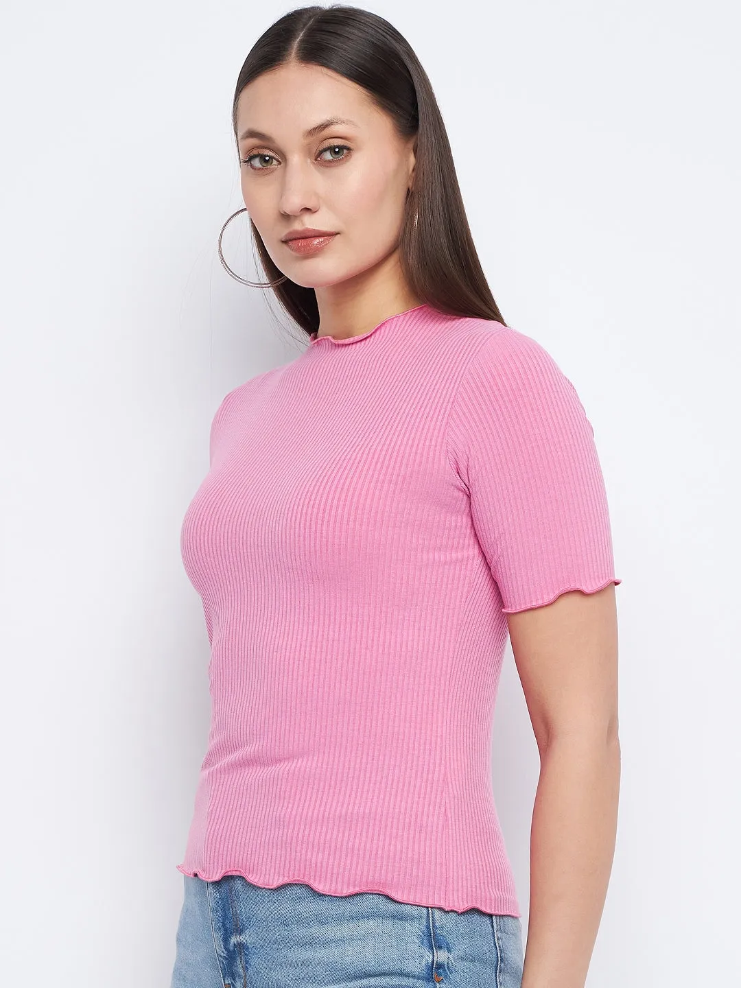 Madame Lettuce Hem Pink Ribbed Top Opaque Tone