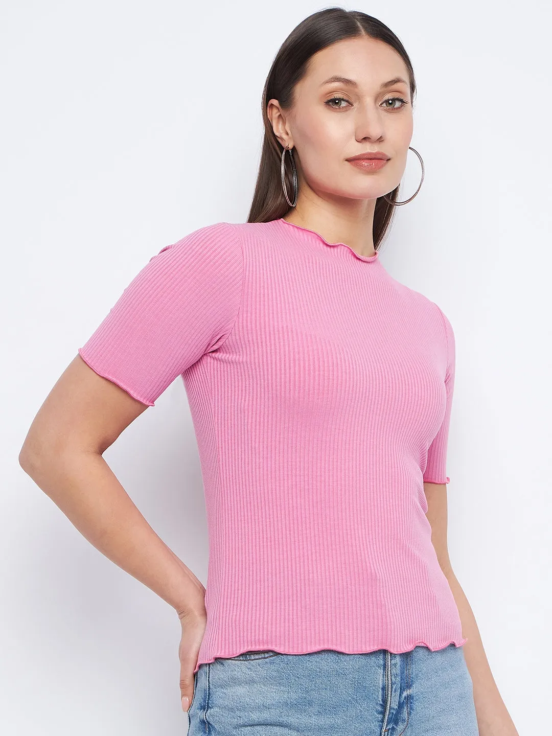 Fire Core Madame Lettuce Hem Pink Ribbed Top