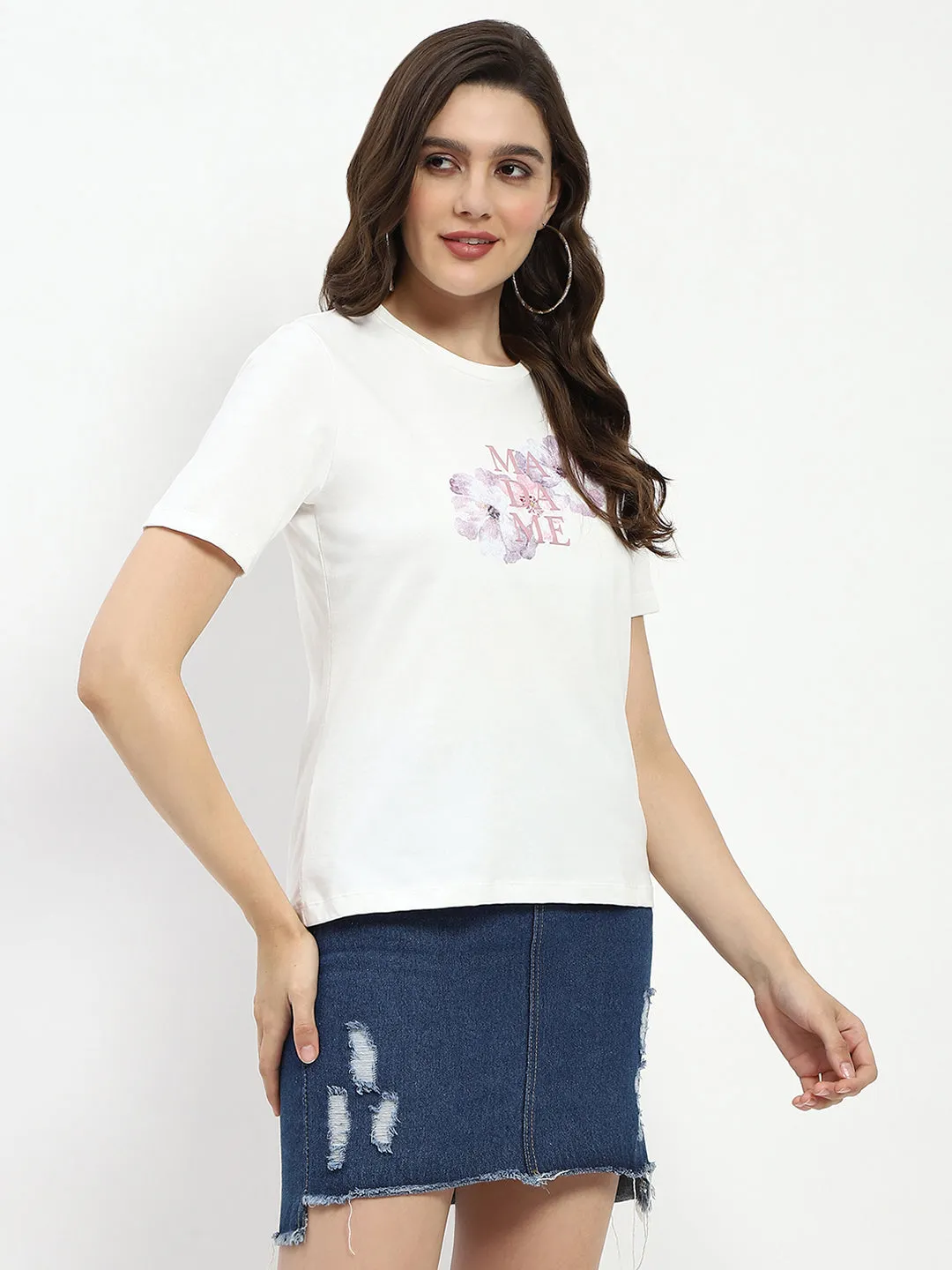 Madame Graphic Print White Cotton T-Shirt Cashmere combination Cozy Touch