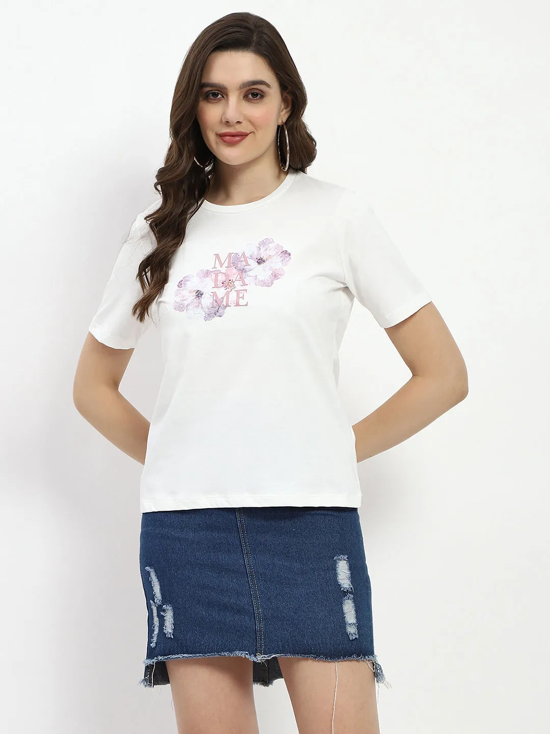 Soft Finish Madame Graphic Print White Cotton T-Shirt