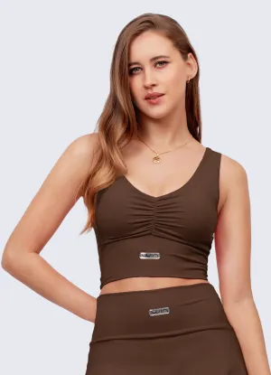 High neck seams Smooth Design TOP SCRUNCH FRONT DARK BROWN
