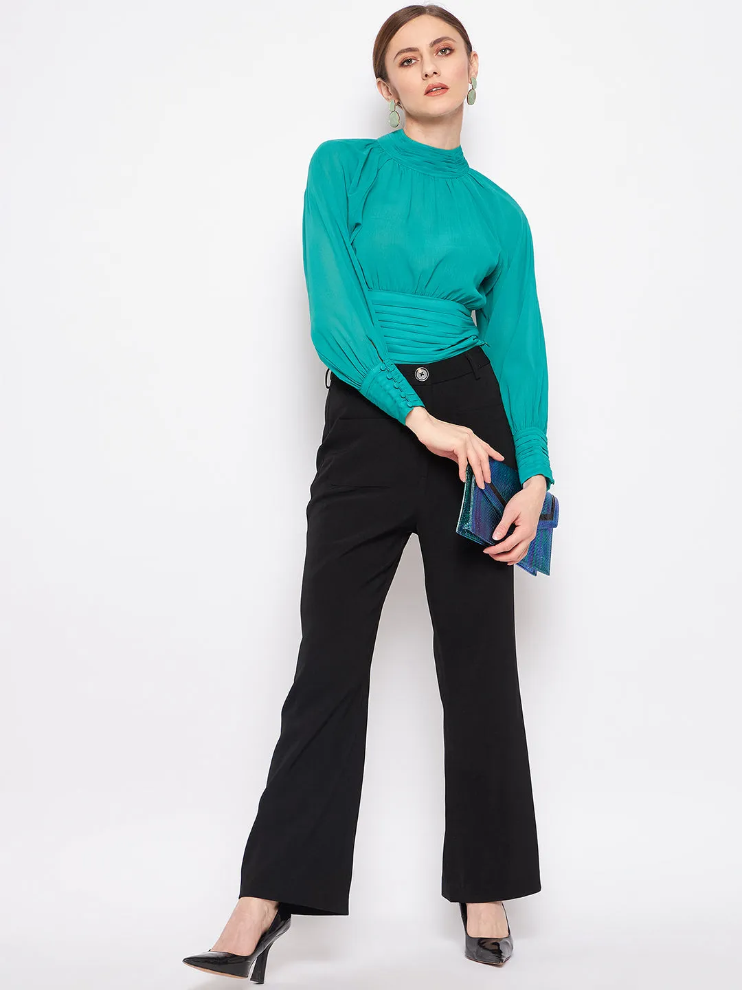 AbrasionFree Edging Soft Inner Lining Madame Green High-Neck Pleated Balloon Top
