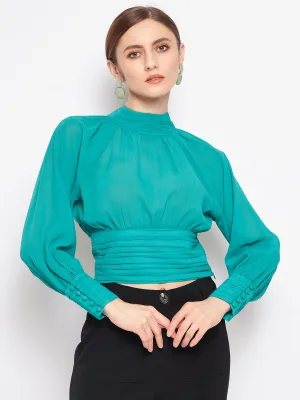 Madame Green High-Neck Pleated Balloon Top Practical Leggings Lightweight Vest