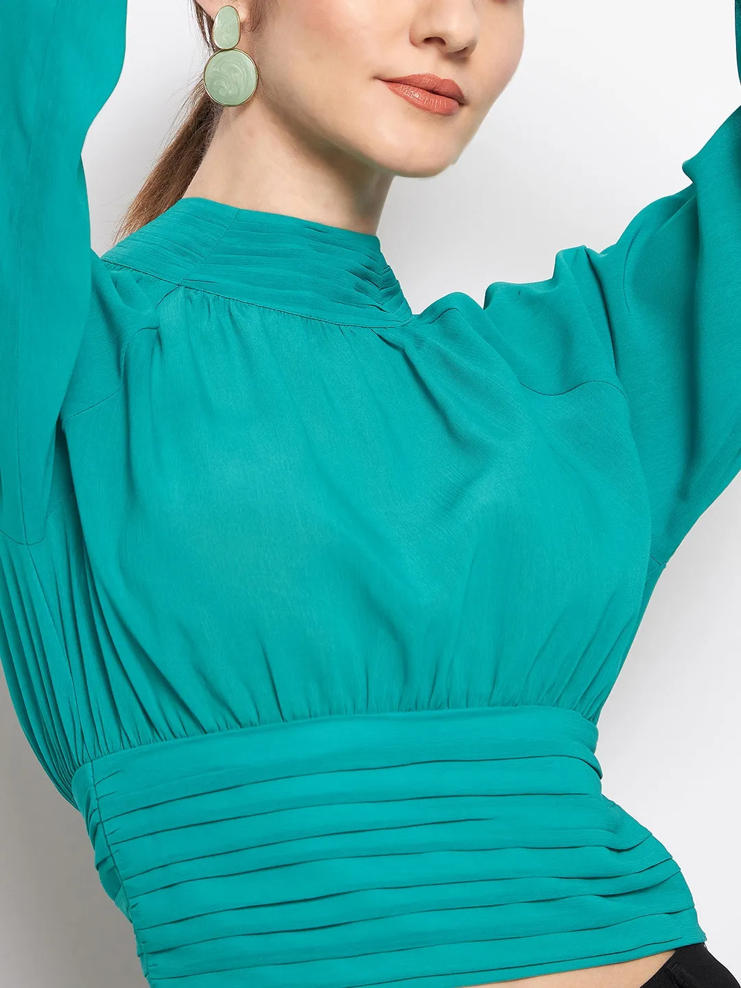 Madame Green High-Neck Pleated Balloon Top AntiFadeTechnology