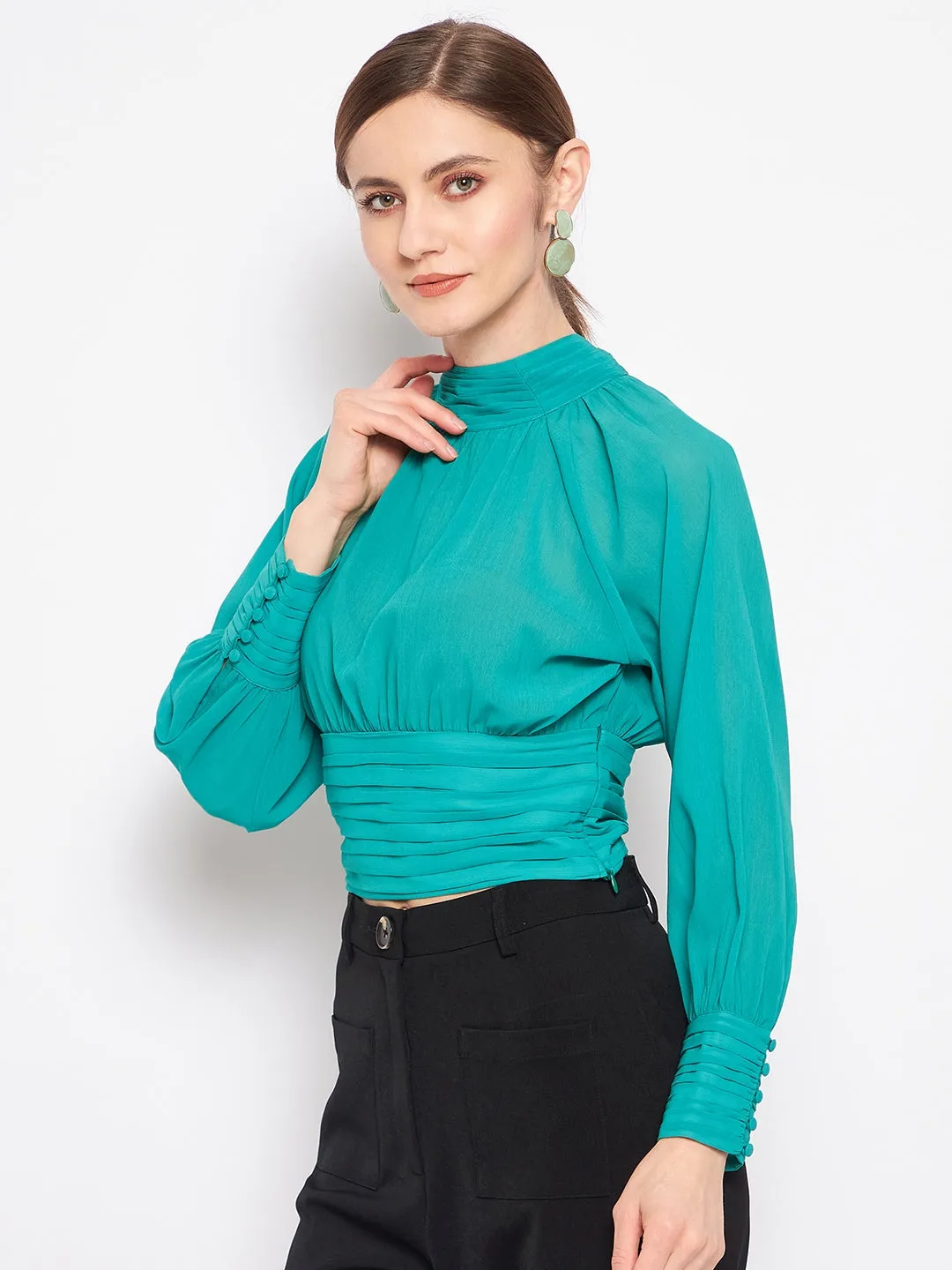 Madame Green High-Neck Pleated Balloon Top premium fabric