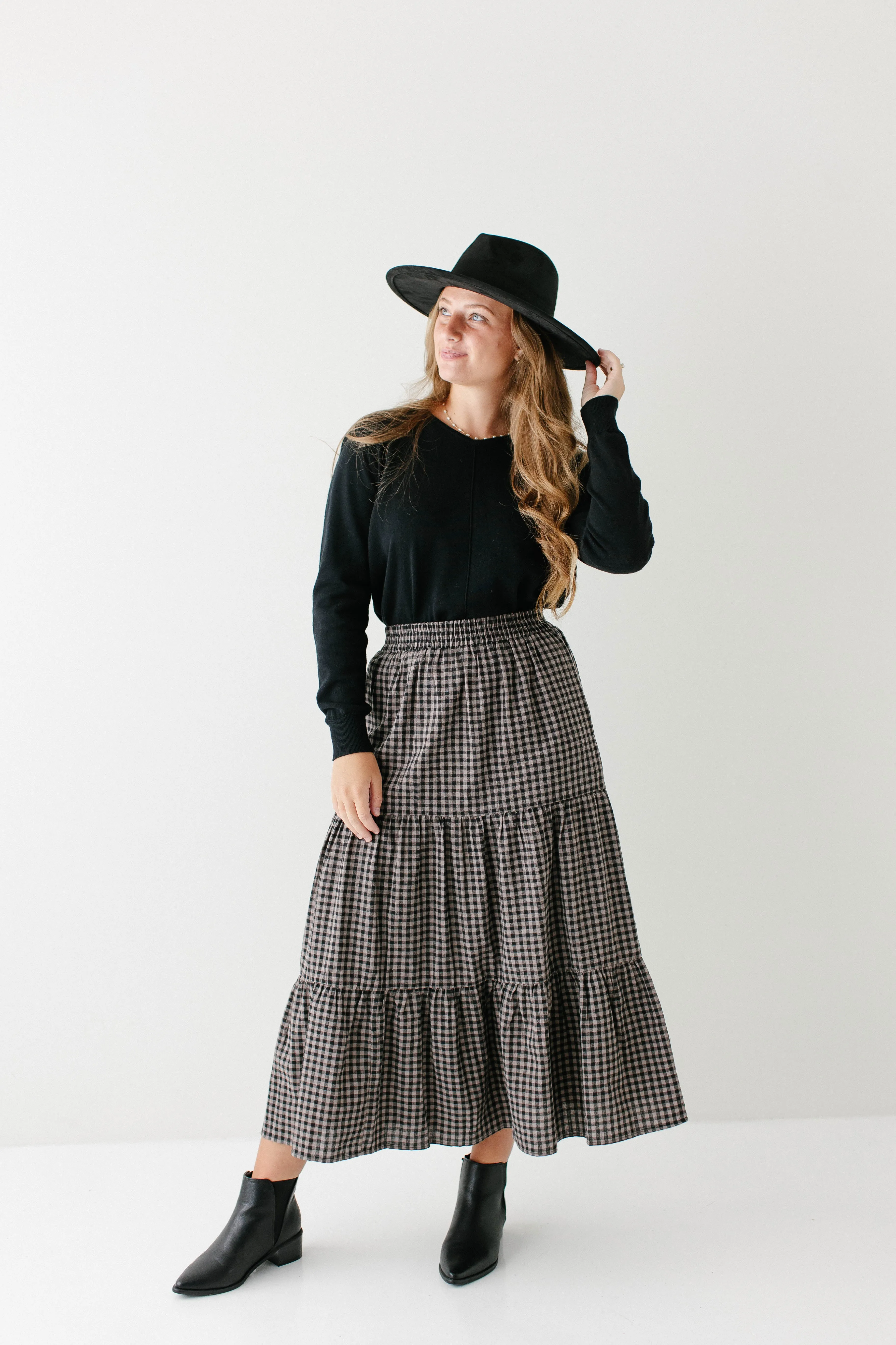 Ombre effect 'Bronte' Tiered Gingham Cotton Midi Skirt Simple looks