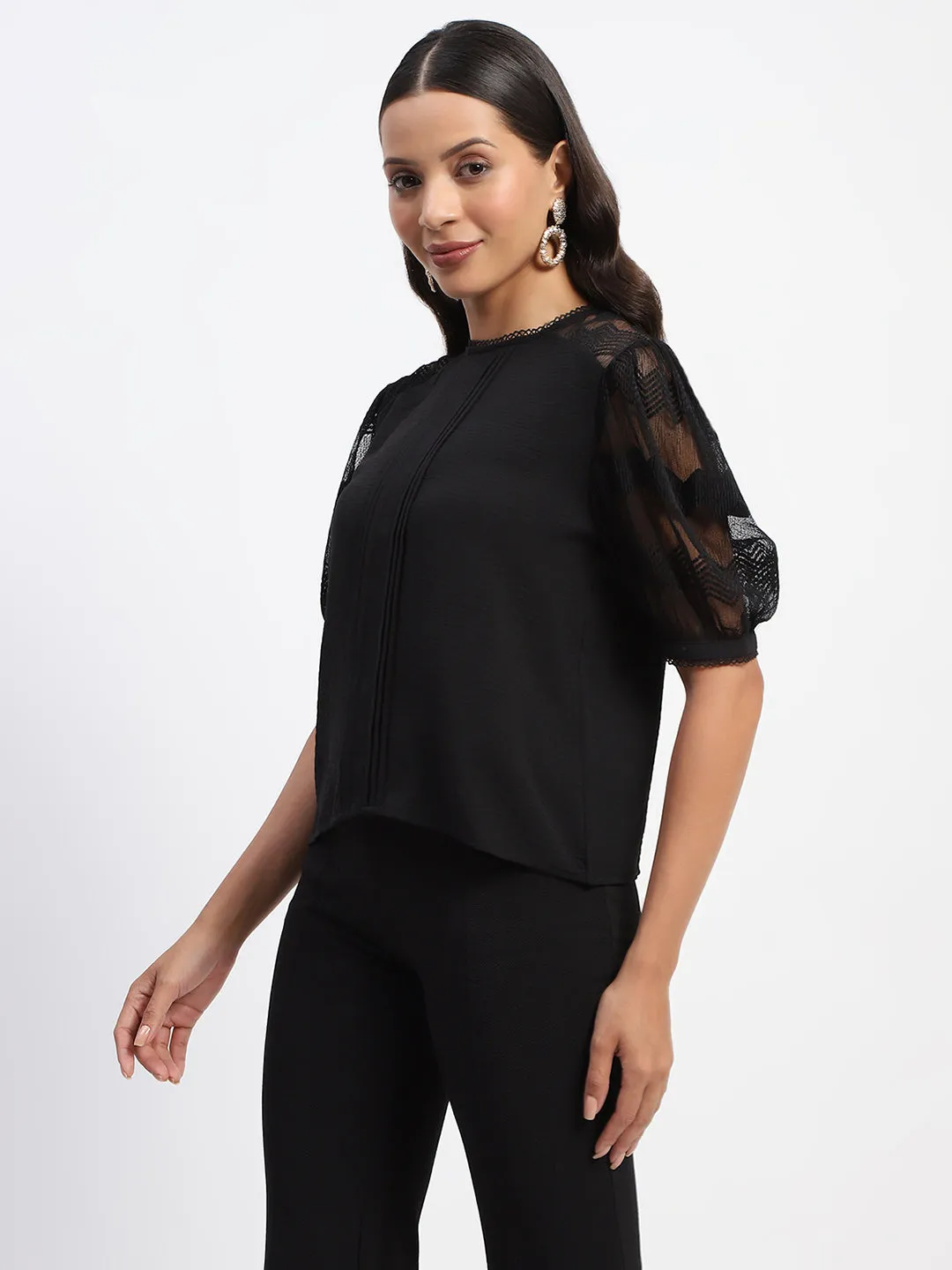 Antibacterial lining Madame Embroidered Crew Neck Black Mesh Top