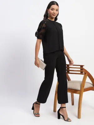 Screen Core Heavy Outerwear Madame Embroidered Crew Neck Black Mesh Top