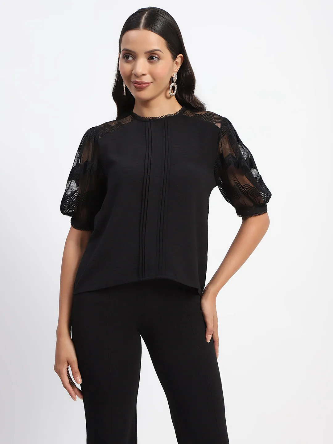 Madame Embroidered Crew Neck Black Mesh Top Swim Easy