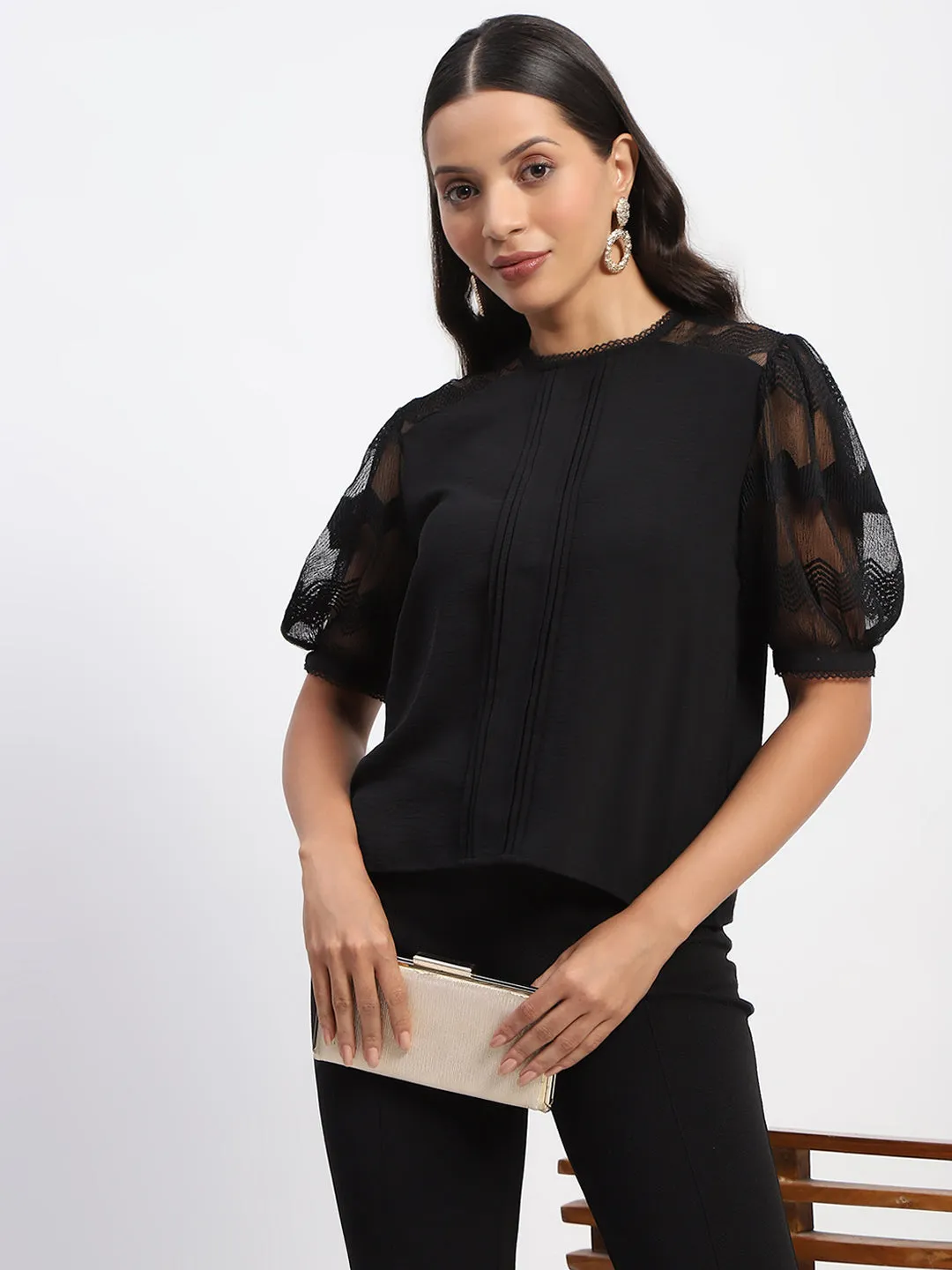 Madame Embroidered Crew Neck Black Mesh Top Warm Hoodie WrinkleResistant Finish
