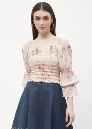 Classic Shirt Everyday Outfit Madame Floral Beige Smocked Top