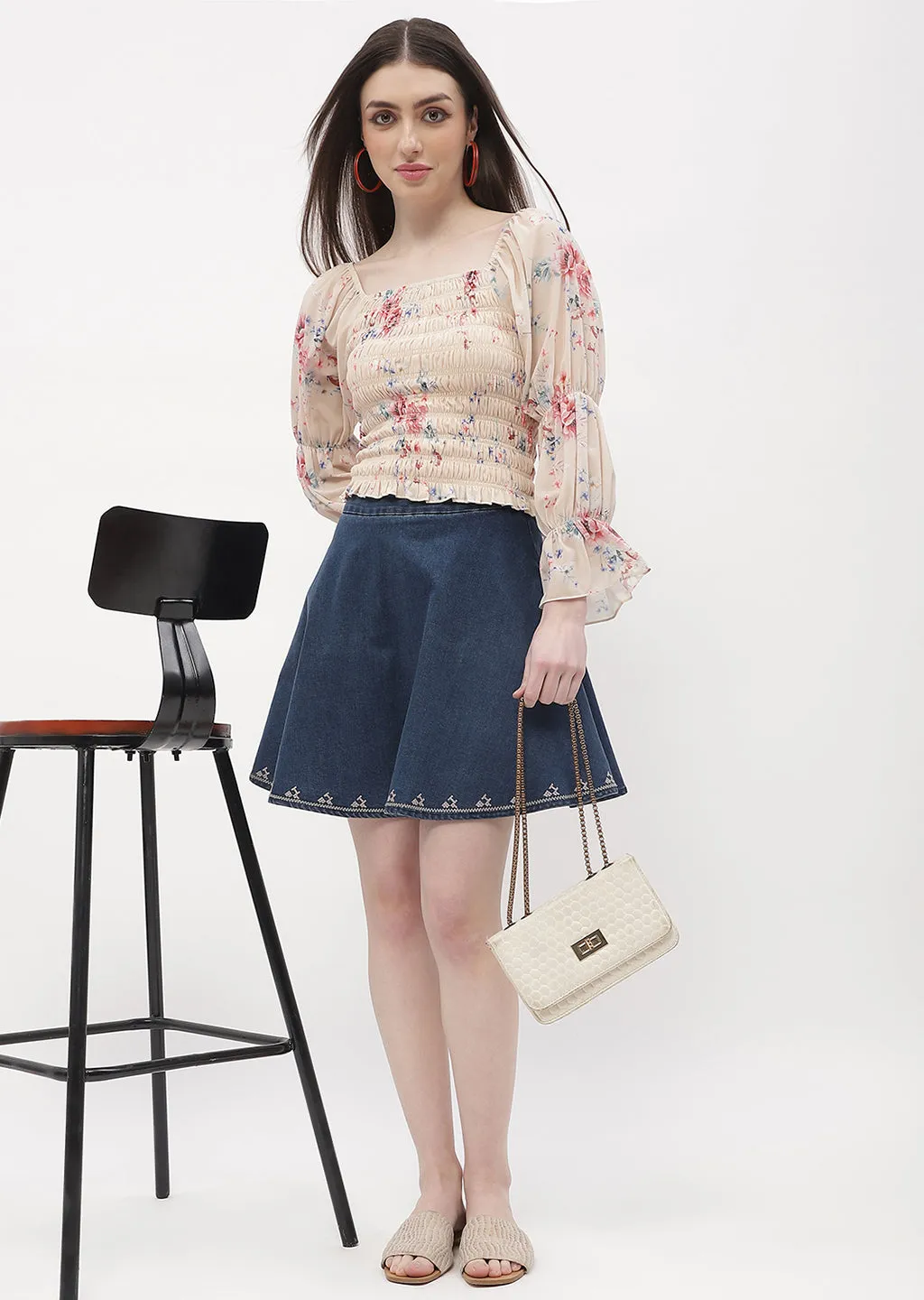 Halo Glow Madame Floral Beige Smocked Top