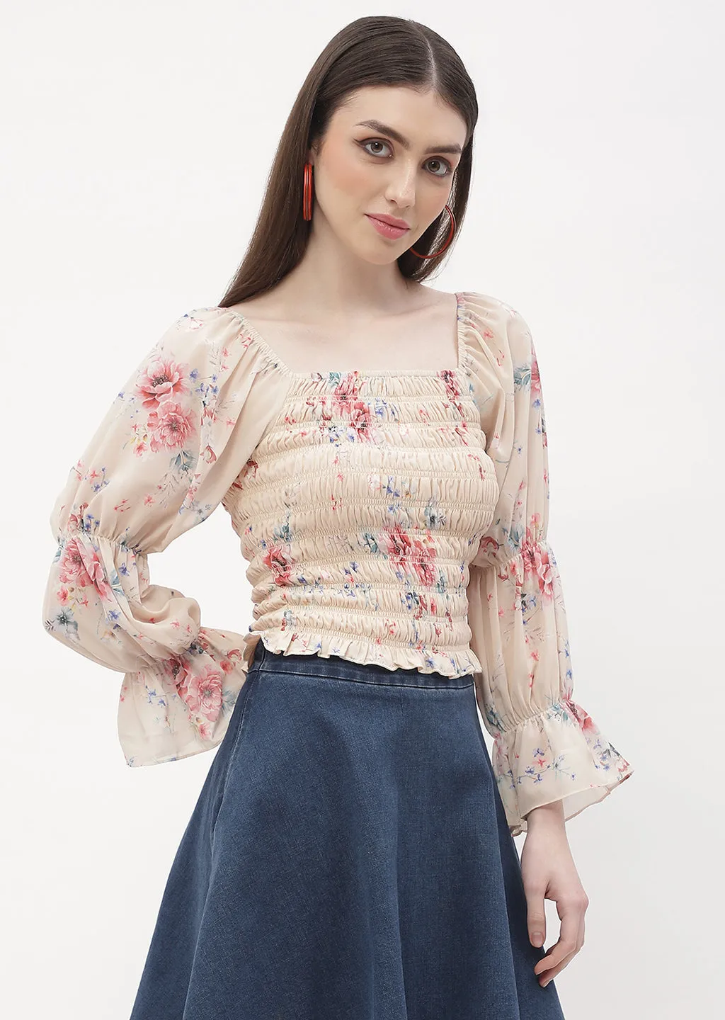 Comfort Look Madame Floral Beige Smocked Top