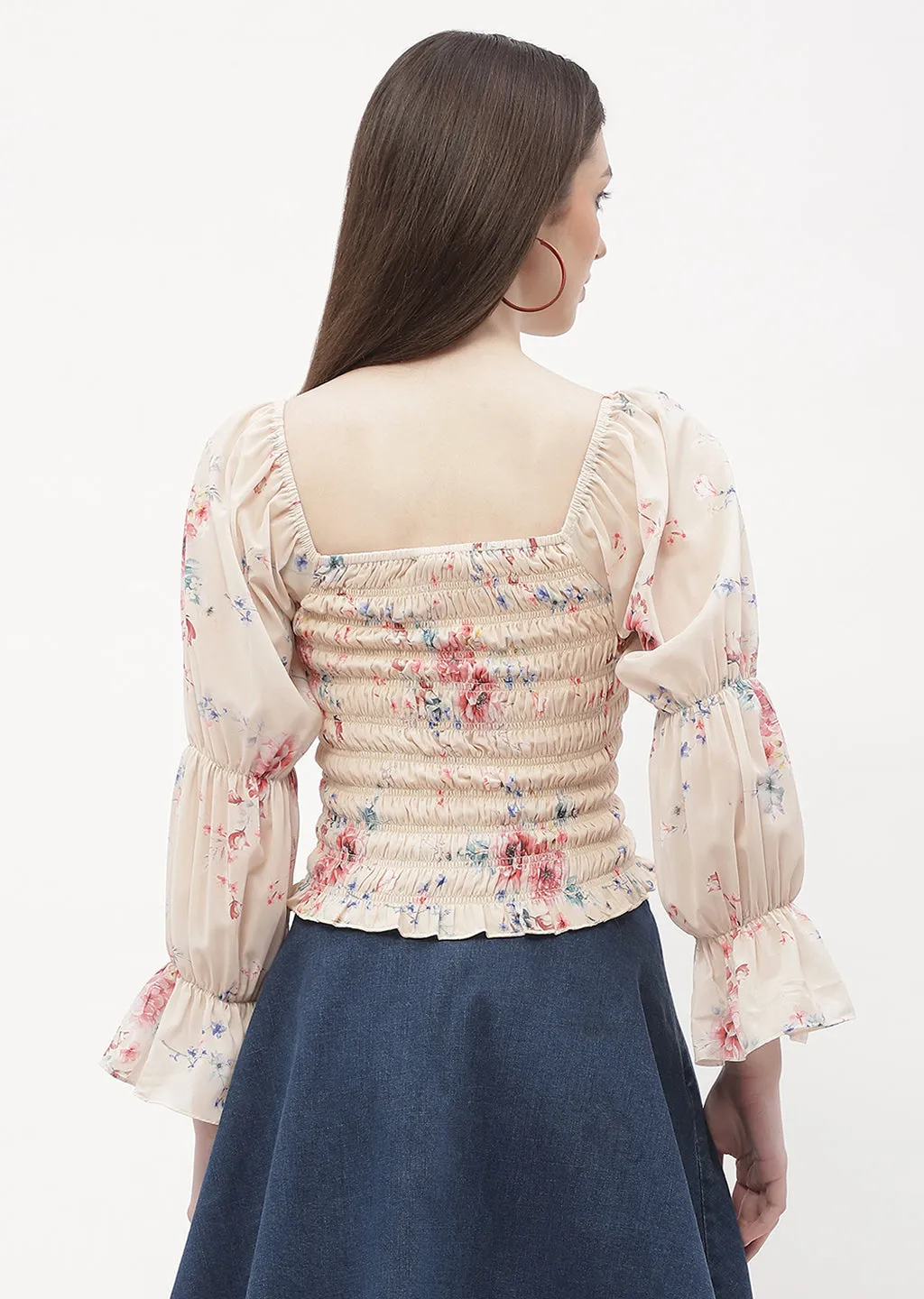 Madame Floral Beige Smocked Top AntiPilling Fabric