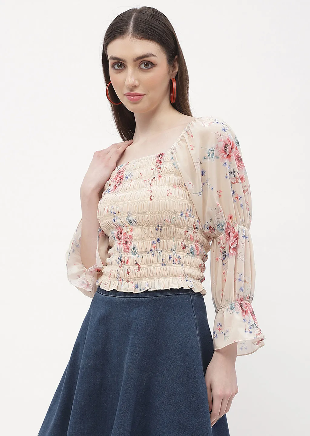 Madame Floral Beige Smocked Top LowMaintenance All-Season Wear