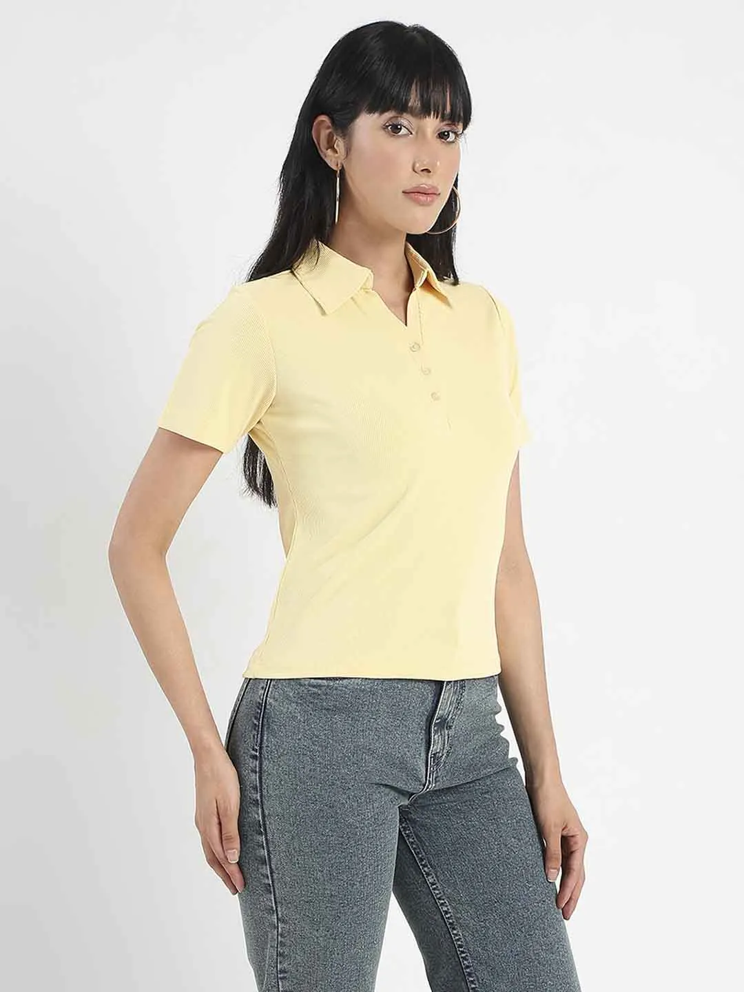 Madame Solid Yellow Polo Pique T-Shirt Travel Trend Look