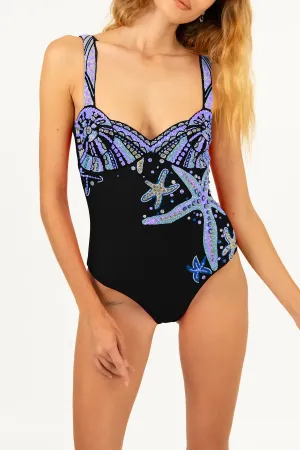 Summer Fashion. Multi Panel Construction Selene Sea Shell Swimsuit in Black Lilac shell bust