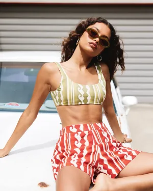 Beach Wave Lace Back Bralette Bikini Top - Martini Olive Print Quick Recovery Fabric