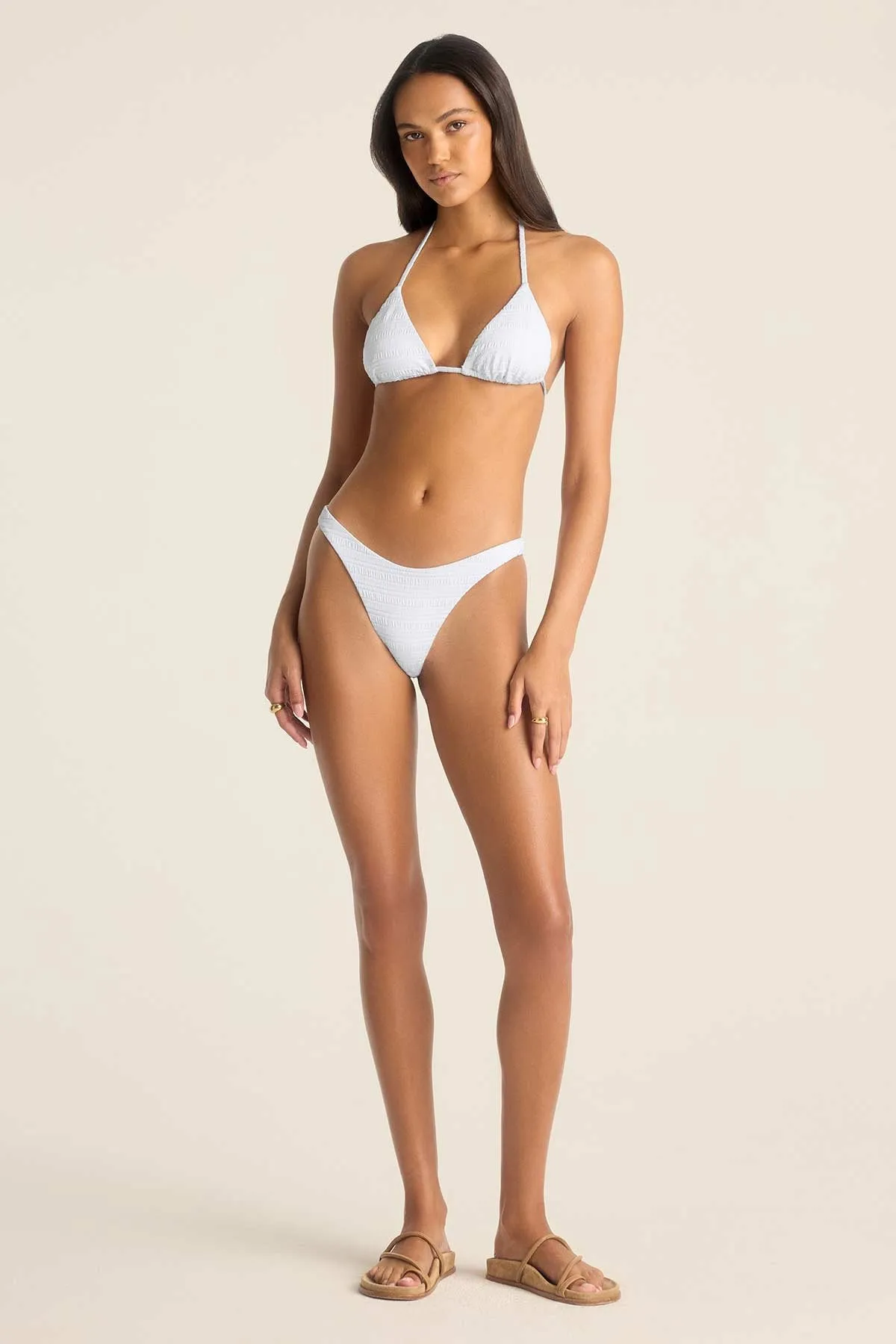 Gia Triangle Top - White Seersucker Stripe Sand Free Design Water Resistant Lining