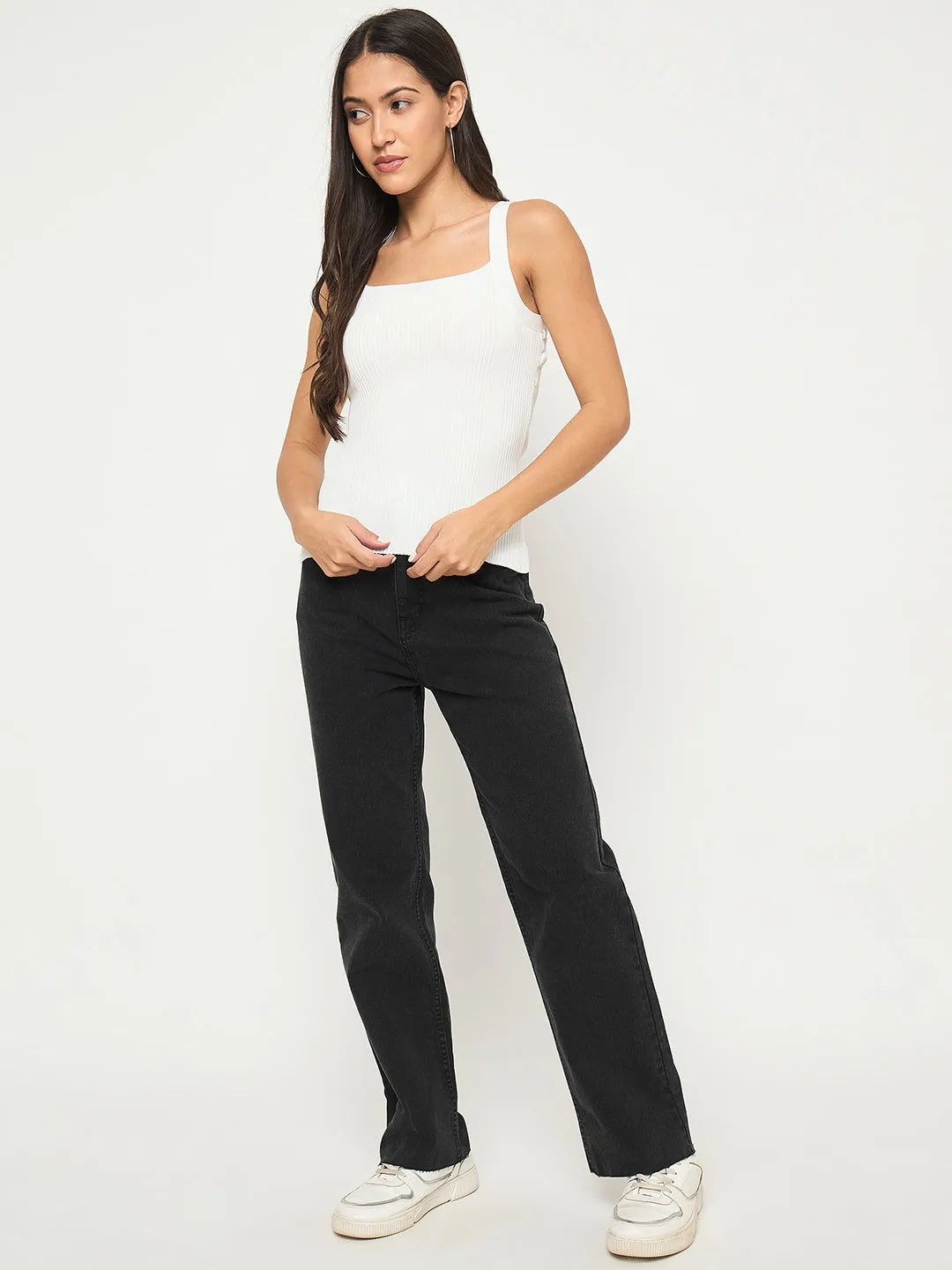 Madame Ribbed Sleeveless White Knitted Top FrictionReducing Lining
