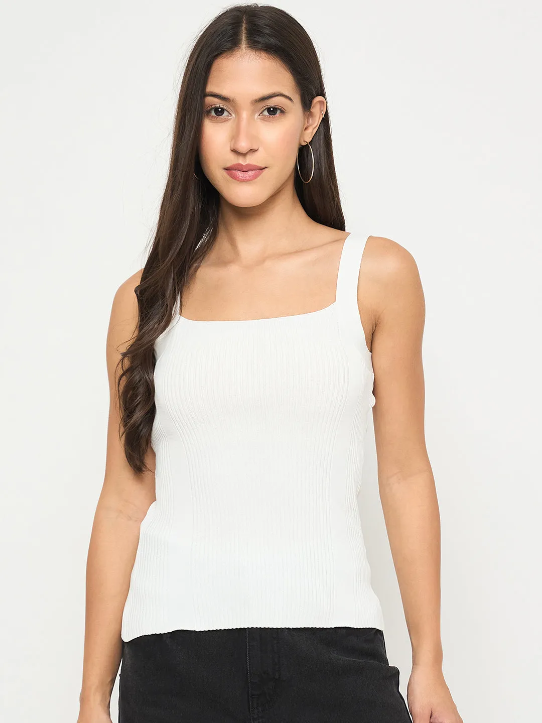 Madame Ribbed Sleeveless White Knitted Top Pure Cotton RecycledPolyester