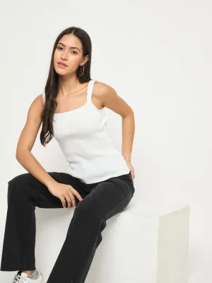 Madame Ribbed Sleeveless White Knitted Top Relaxing Wear
