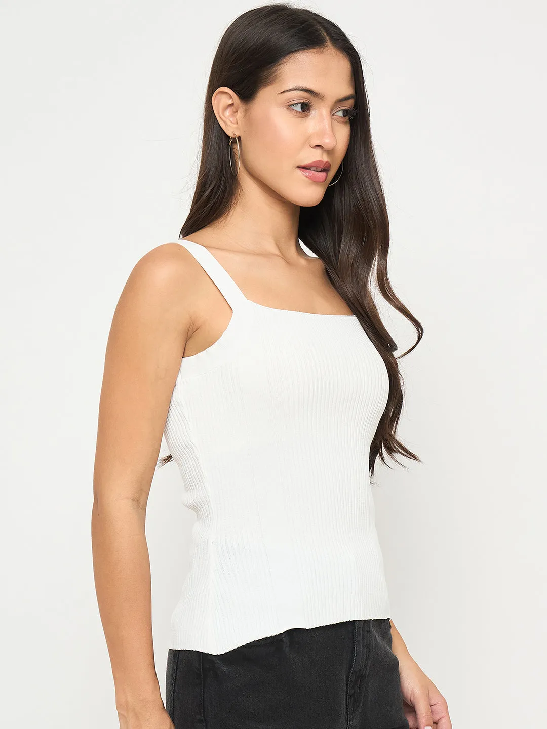 Dynamic Glow Madame Ribbed Sleeveless White Knitted Top