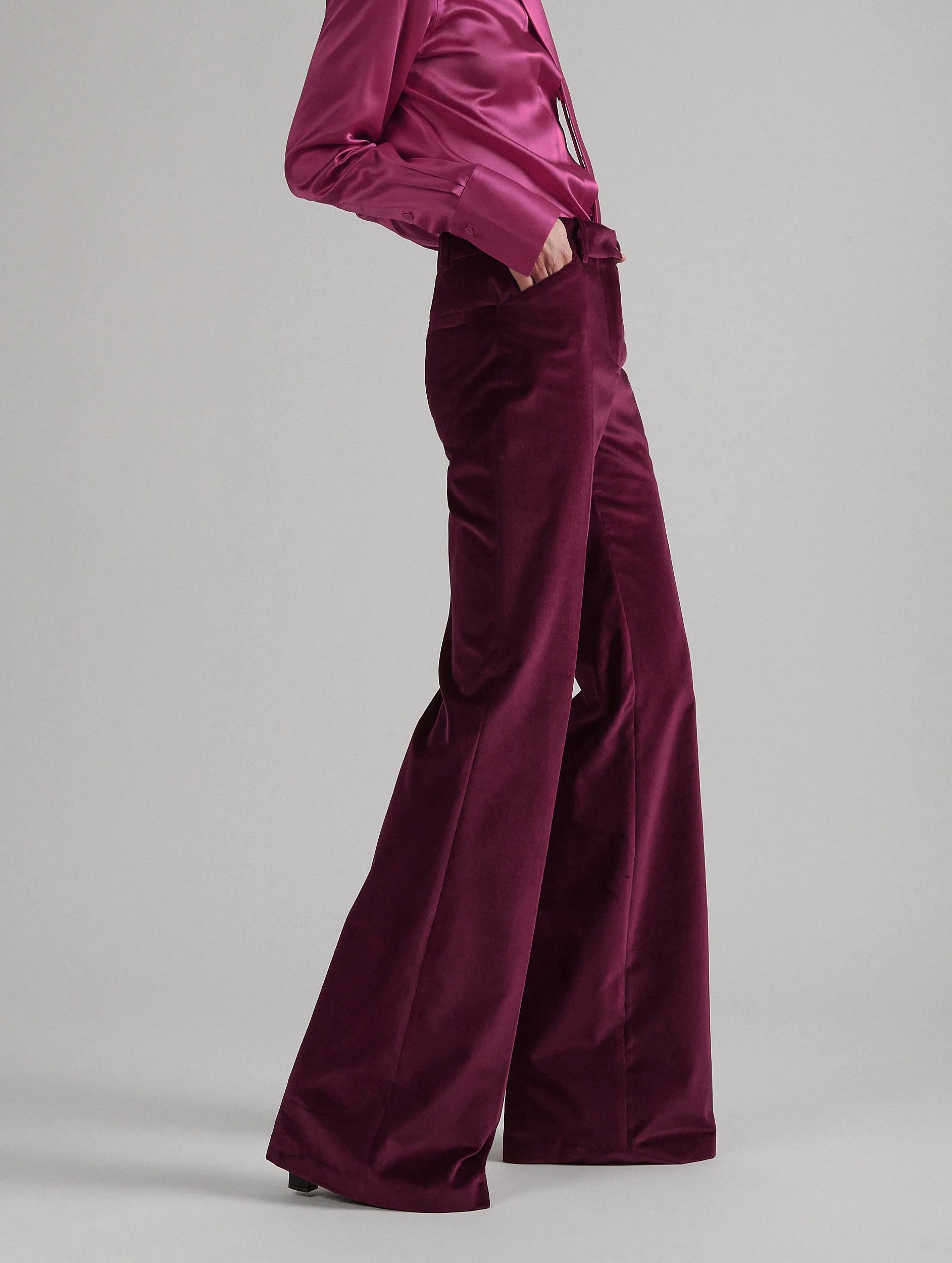 Bootleg suit trousers in pomegranate velvet Yoga Ready