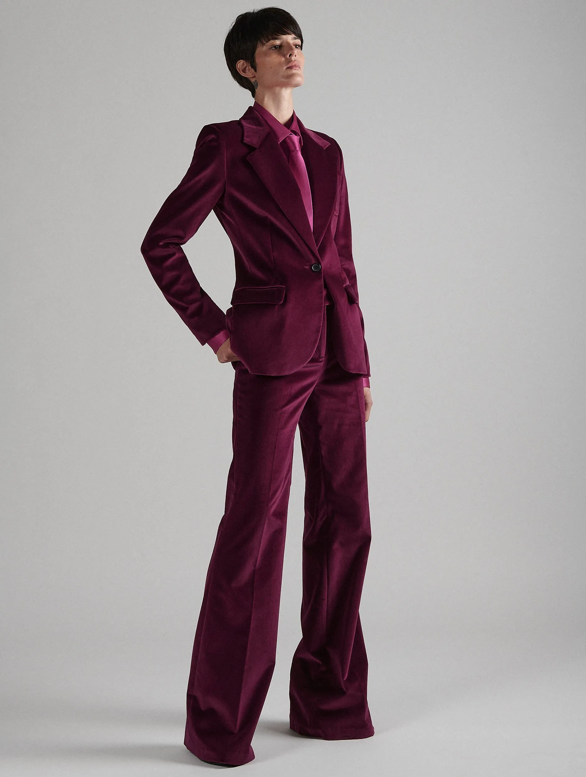 BreathableFabric Tangle Free Cuffs Bootleg suit trousers in pomegranate velvet