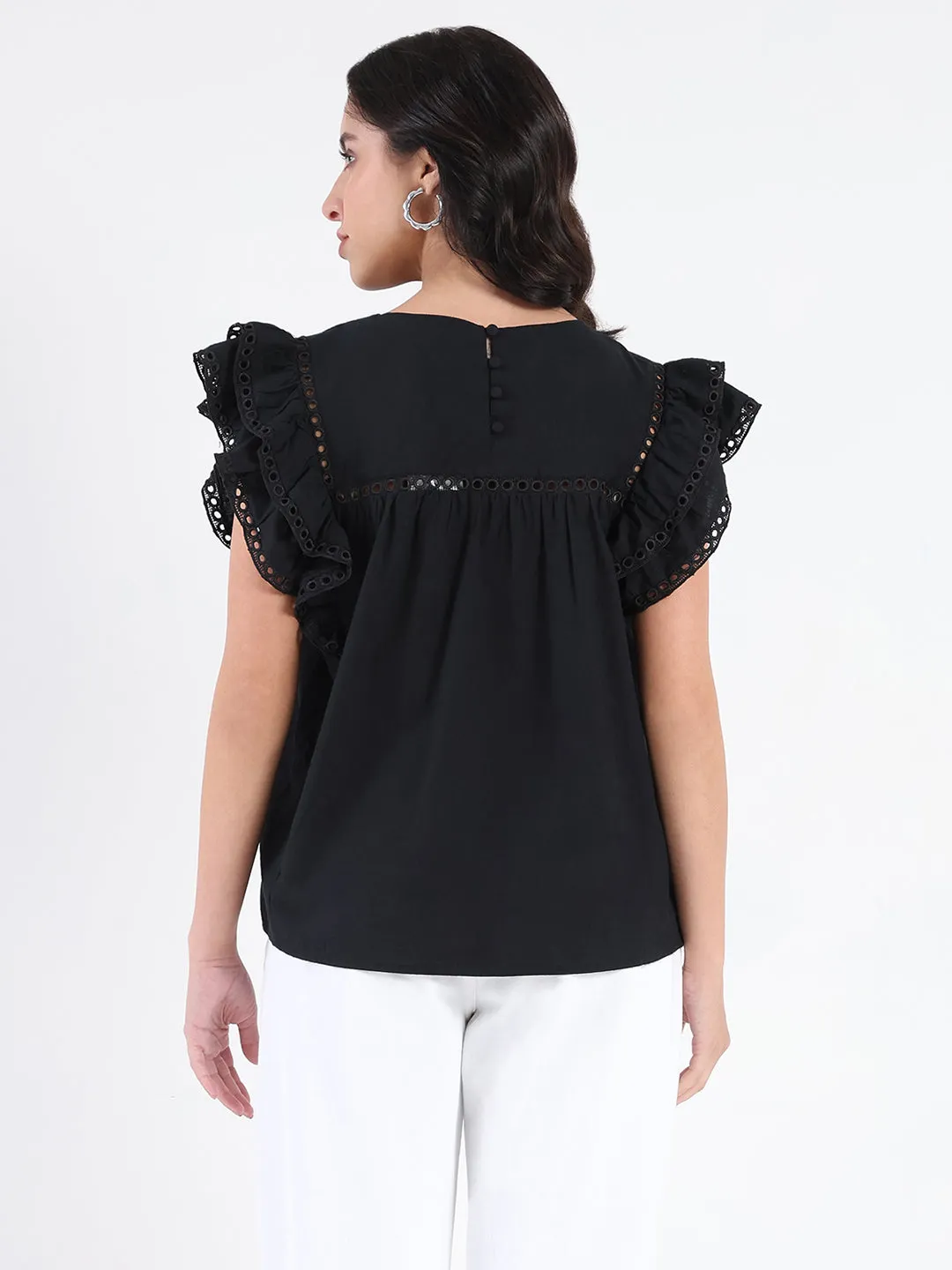 Outdoor Jacket Madame Lace Inserted Black Cotton Top