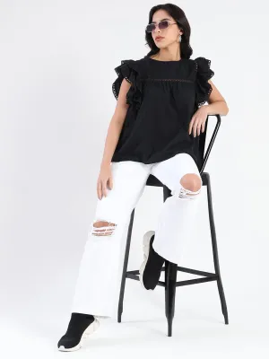 Madame Lace Inserted Black Cotton Top MinimalistStyle