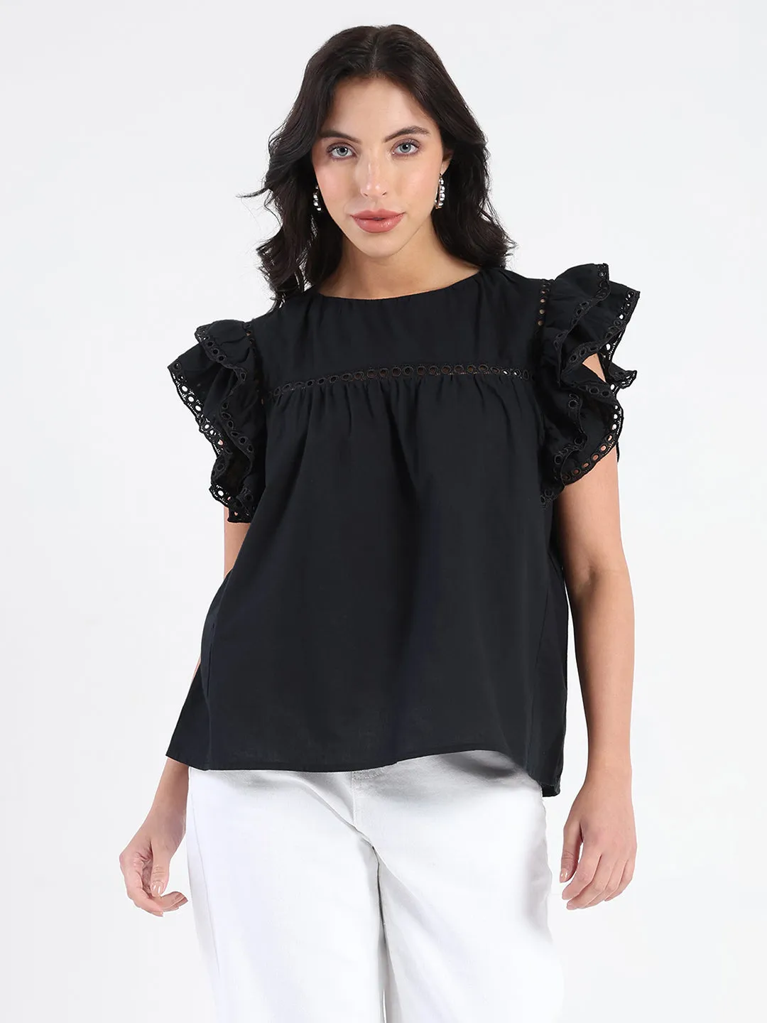 Brave Fit Madame Lace Inserted Black Cotton Top