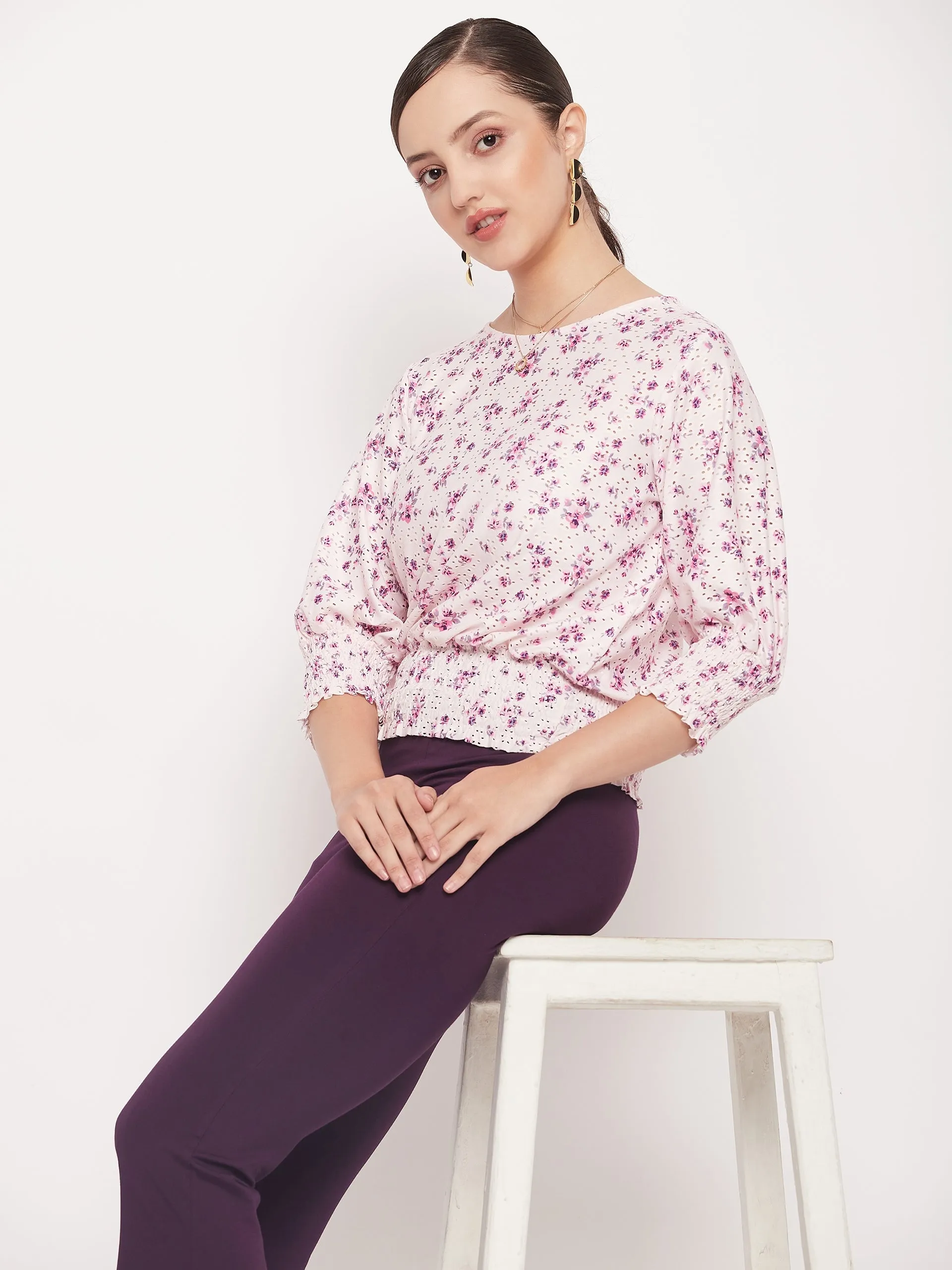 Madame Pink Elasticated Waist Cotton Floral Top Matte Fit