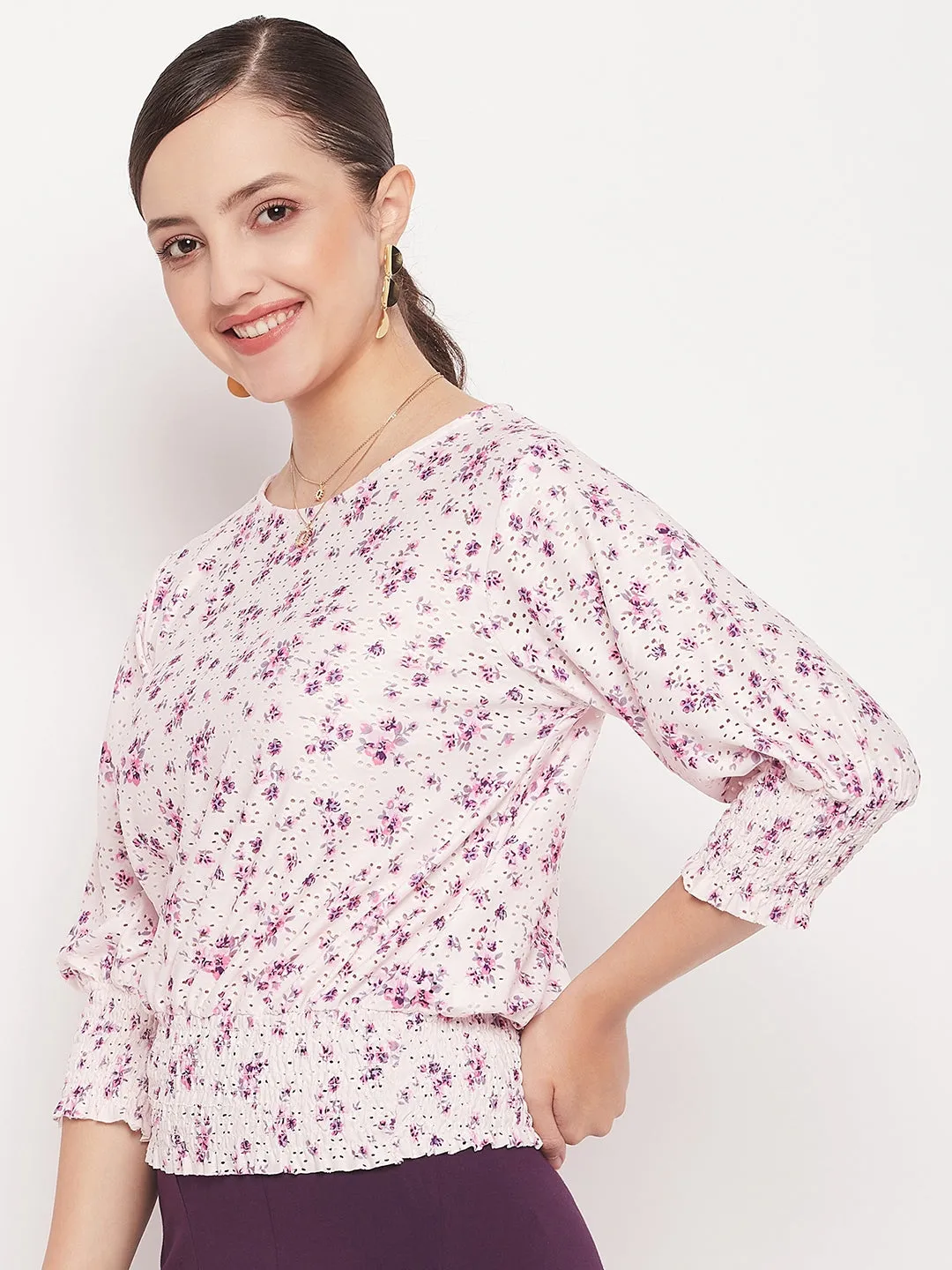 Madame Pink Elasticated Waist Cotton Floral Top Easy Layering High-Waisted Pants