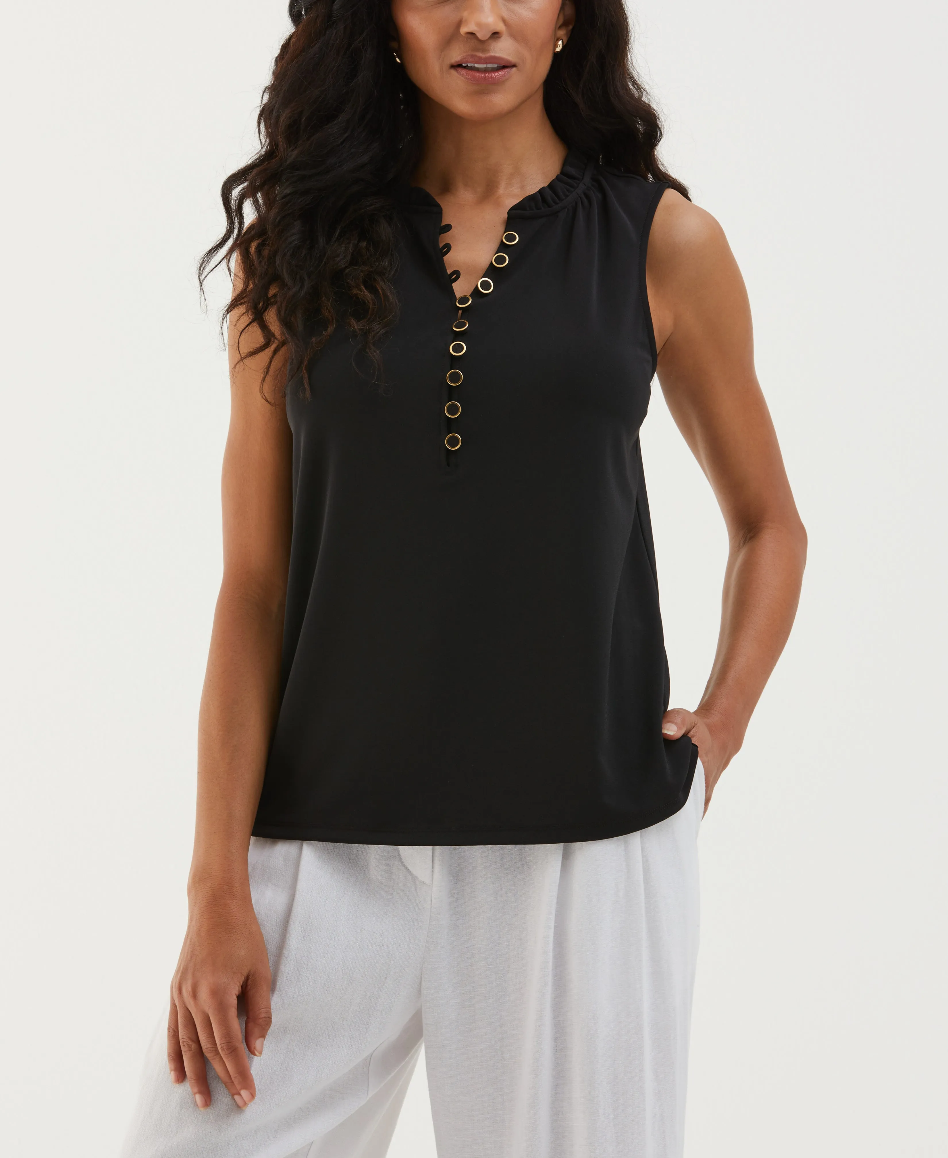 Button Front Ruffle Tank Top CoolingChannelFabric Teacher Chic