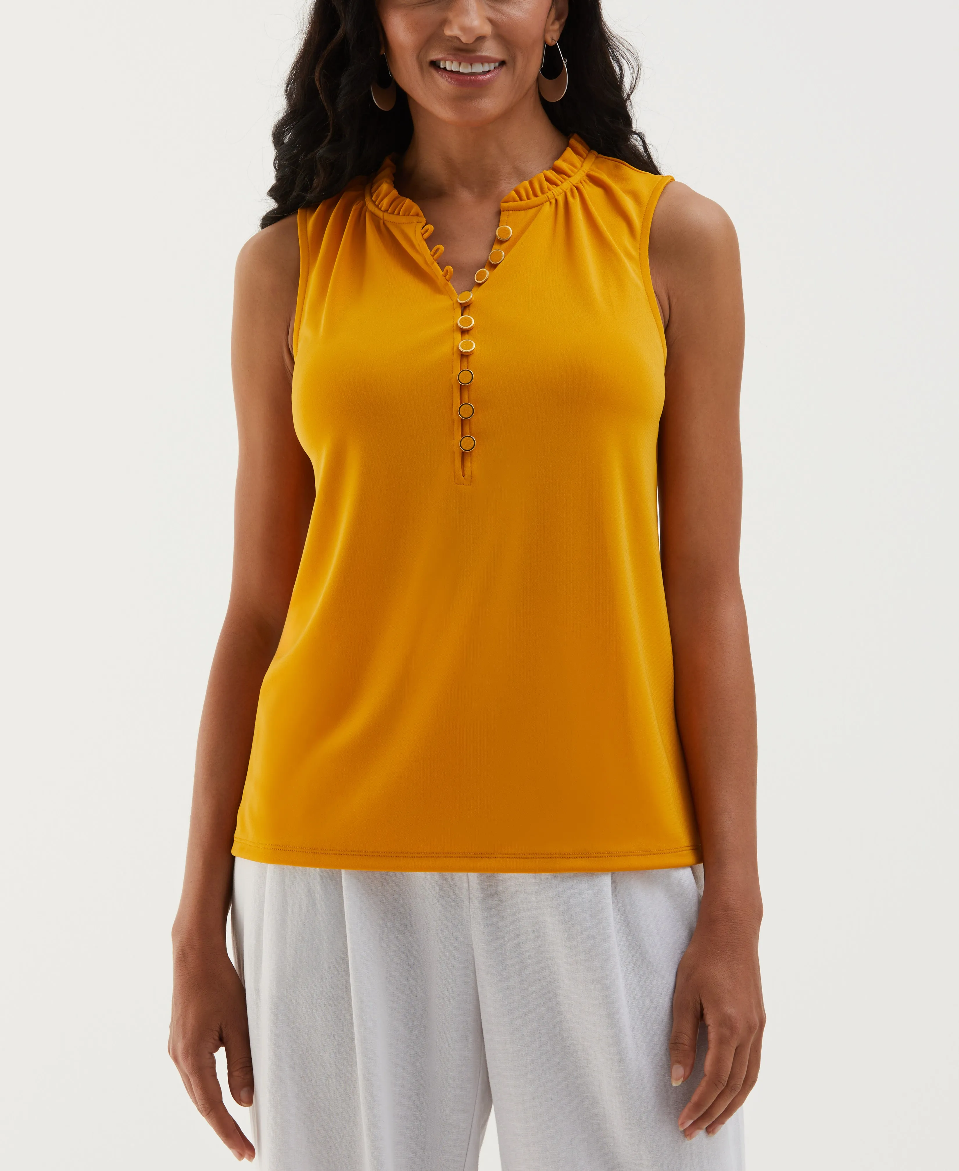 Game Core WrinkleResistantFabric Button Front Ruffle Tank Top