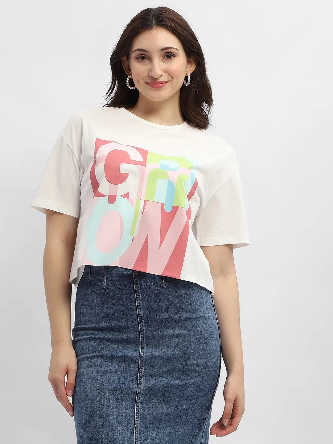 Madame Graphic Print White Cotton T-Shirt Seam Free Back