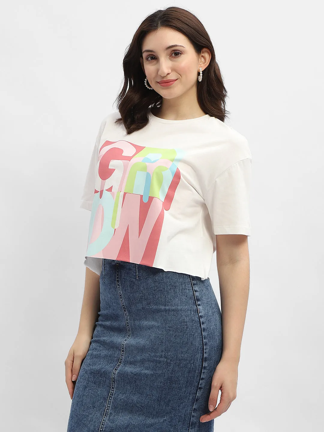 Casual Layer Madame Graphic Print White Cotton T-Shirt