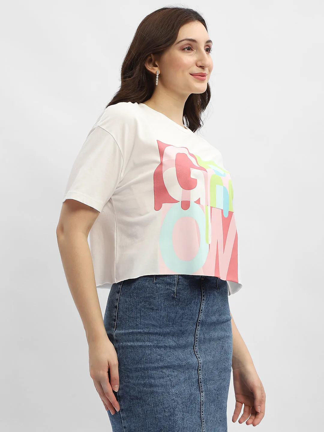 Madame Graphic Print White Cotton T-Shirt Smooth Neckline