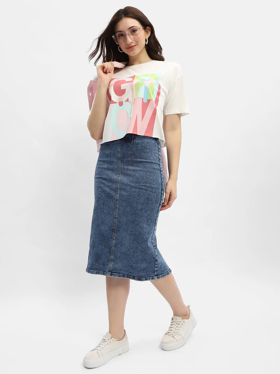 Madame Graphic Print White Cotton T-Shirt City Smart Look Essential Fit