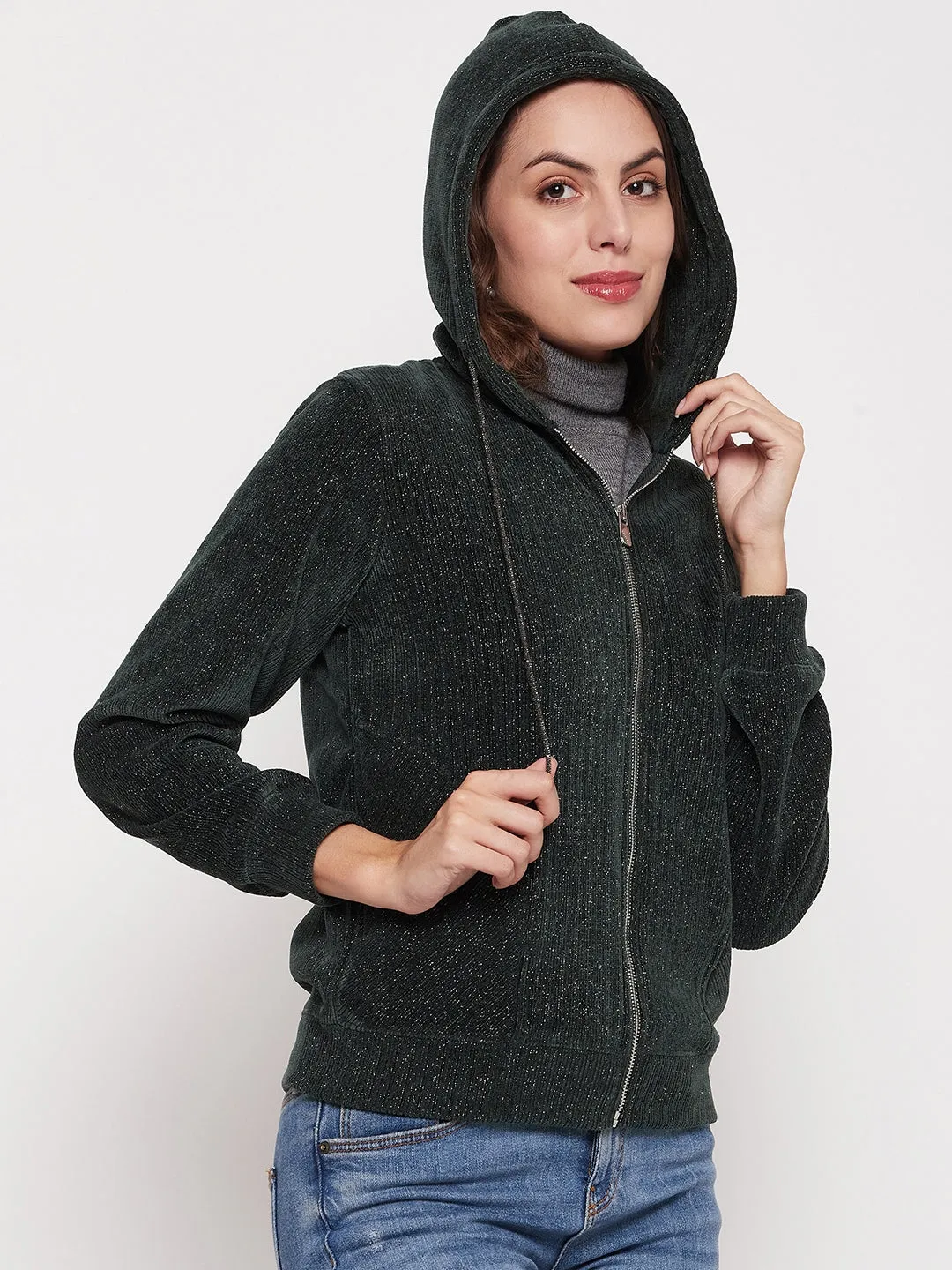 Madame Shimmer Bottle Green Hooded Sweatshirt Versatile Jacket
