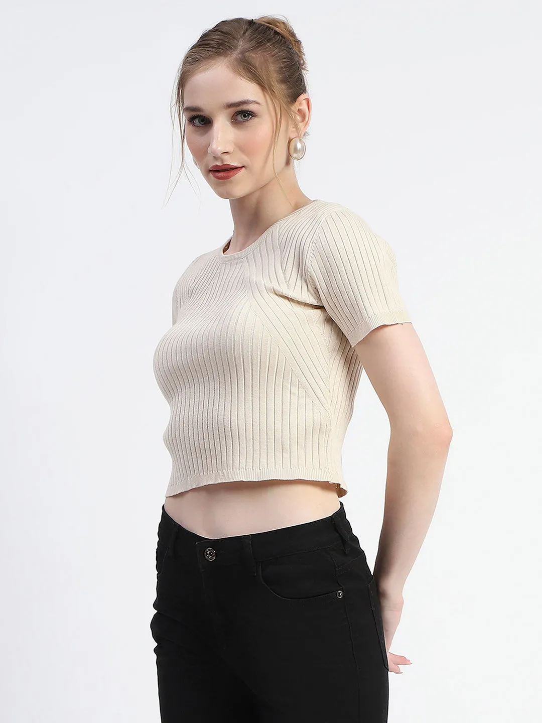 smooth zipper Madame Solid Beige Ribbed Crew Neck Crop Top