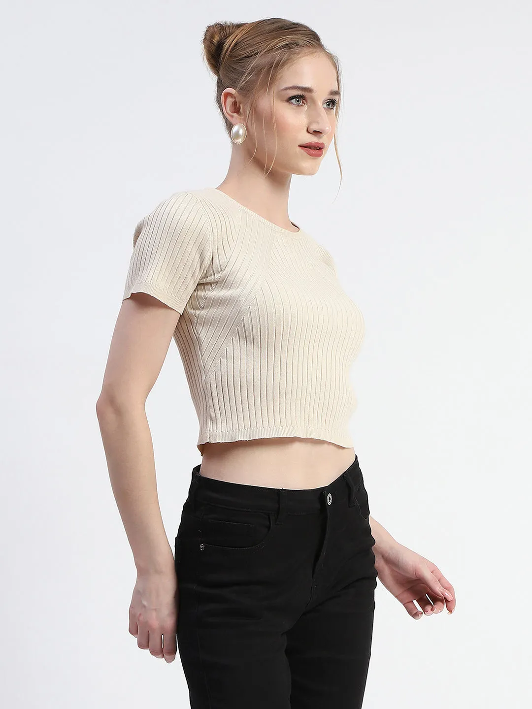 UVProtectionFabric Weather Guard Madame Solid Beige Ribbed Crew Neck Crop Top
