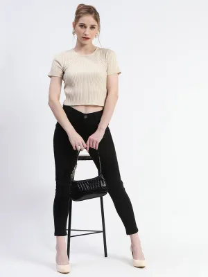 UltraSoftFinish Madame Solid Beige Ribbed Crew Neck Crop Top