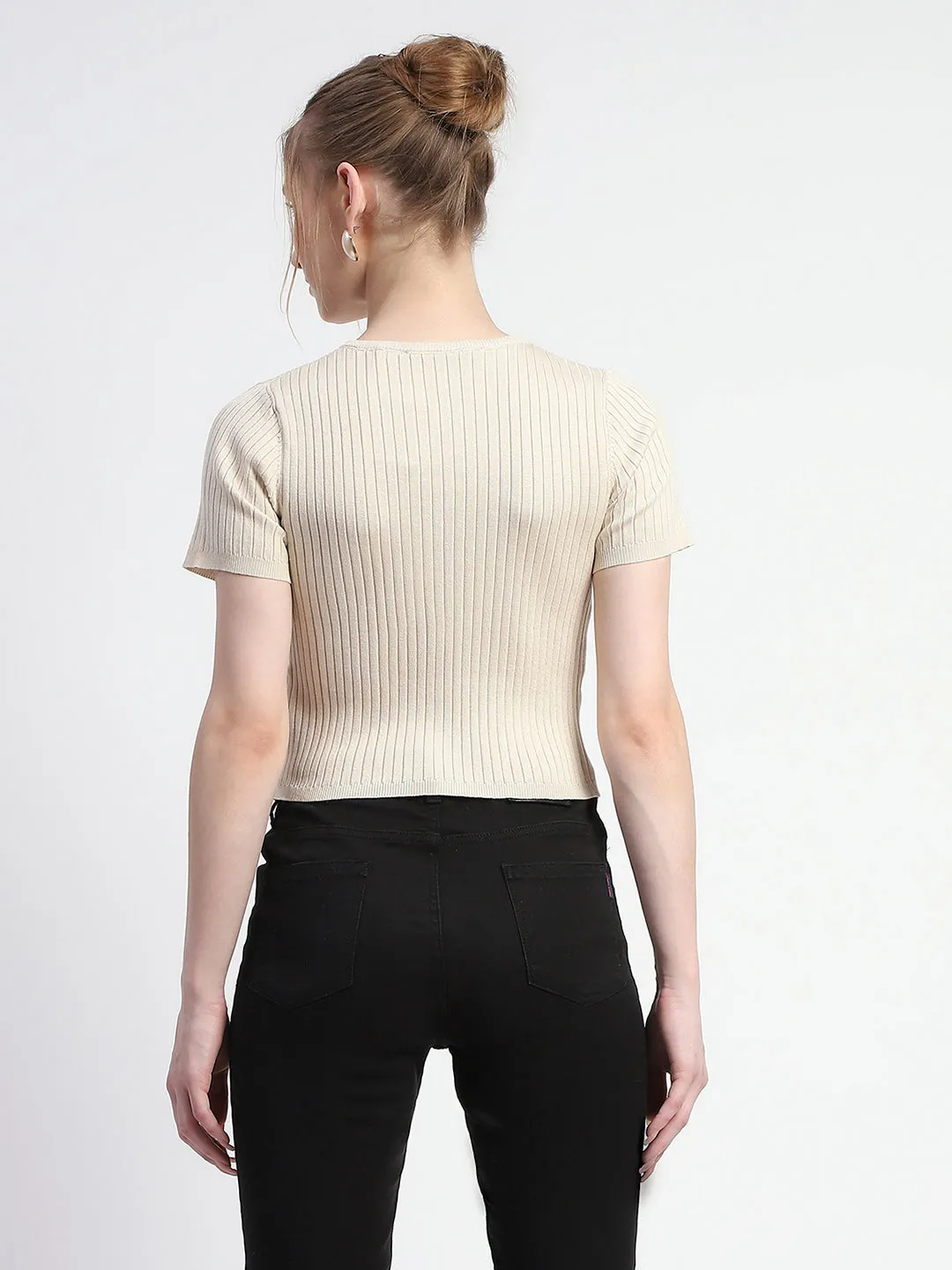 Madame Solid Beige Ribbed Crew Neck Crop Top AntiPillFinish Hypoallergenic Fibers