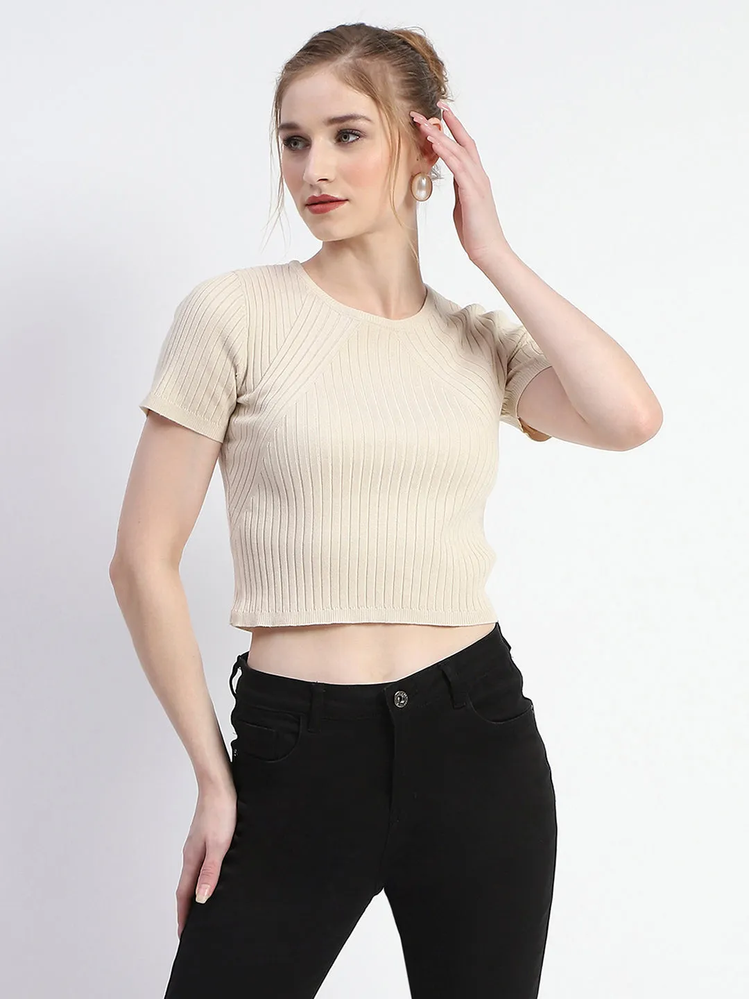 Comfortable Pants Madame Solid Beige Ribbed Crew Neck Crop Top