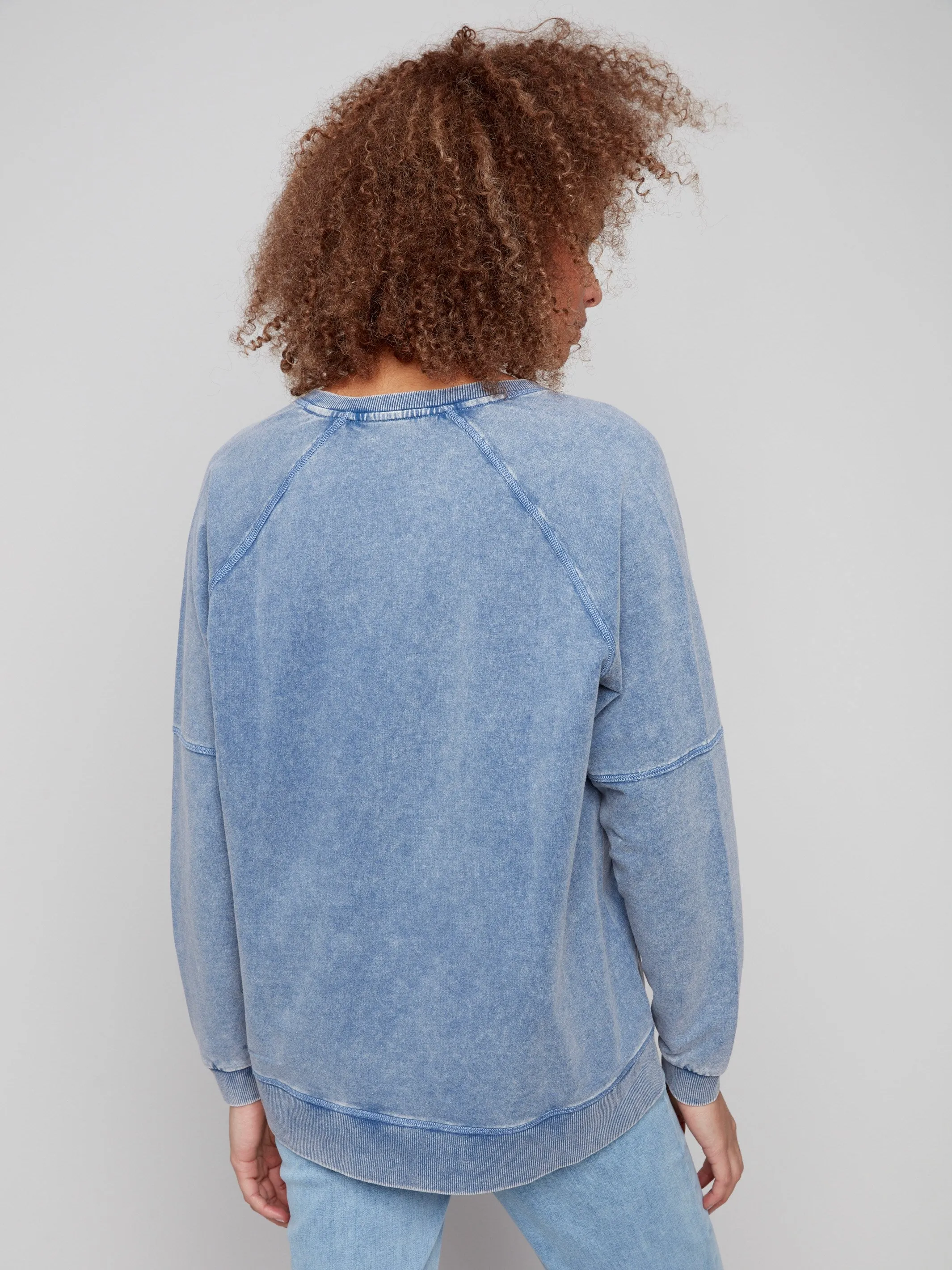 FlexibleElasticity Insulated Outerwear Cold Dye French Terry V-Neck Top - Denim